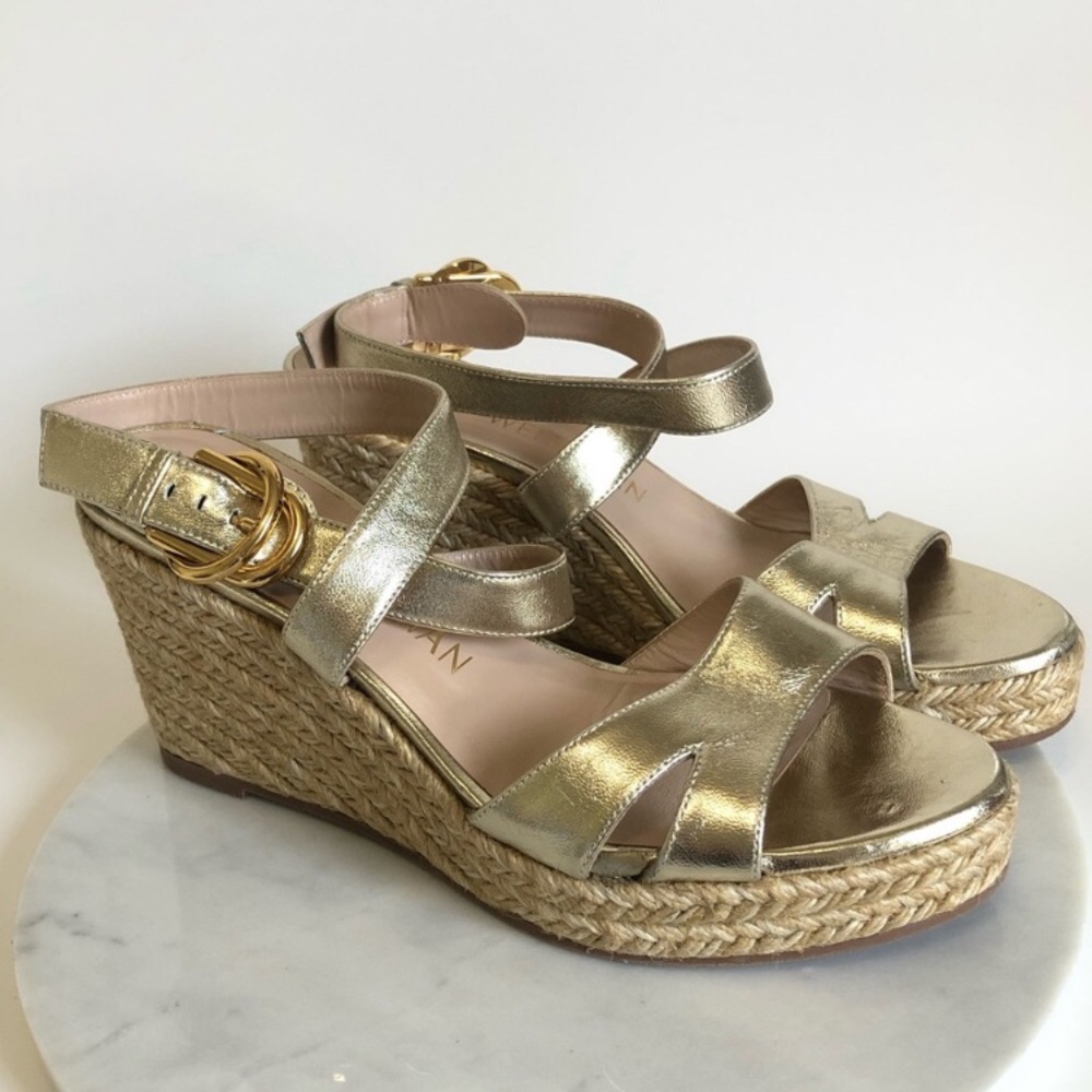 Stuart Weitzman Zuzu Metallic Gold Espadrille Platform Wedge Sandals Size 8 - Picture 3 of 16